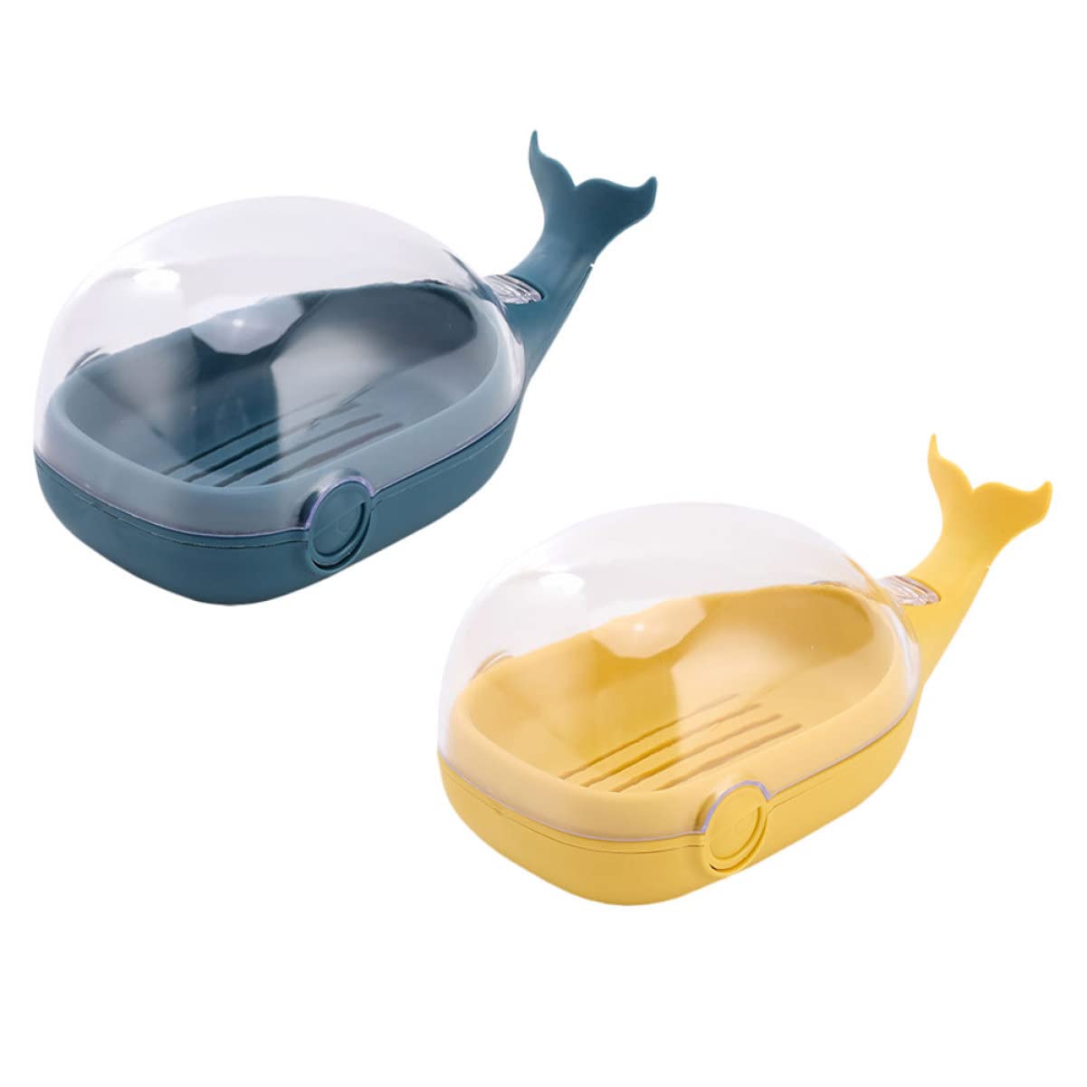 Ciieeo 2PCS Whale Soap Storage Tray with Drain Design Transparent Lid Soap Holder for Bathroom Shower and Kitchen Yellow Blue Cute Practical