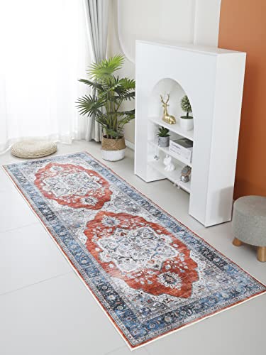 Vowkten Runner Rug Boho Persian 2'6''X8'Area Rugs Non Skid Machine Washable Low Pile Non-Shedding Runners For Hallways, Kitchen, Floor, Laundry Orange With Blue #TOP3