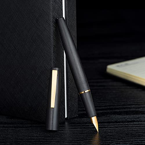 Jinhao 80 Black Fiber Brushed Fountain Pen, Extra Fine Nib with Converter and Small Pen Bag Set (Golden Clip) - Image 2
