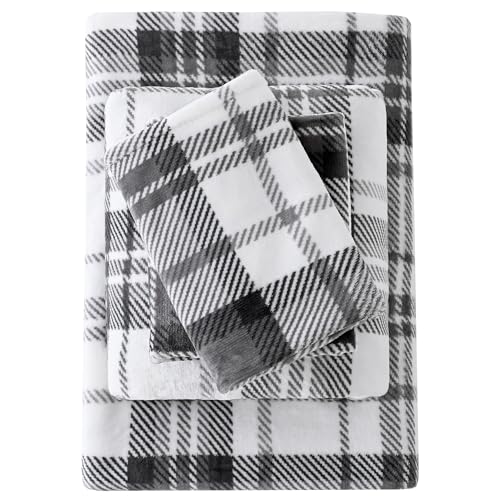 Image of Viviland Plush Microfleece Full Bed Sheet Set, Gray White Plaid | Soft Flannel-like Fleece, 100% Polyester, Fluffy Velvety Feel, 200GSM, 15 inch Deep Pocket, Warm Winter Gift & Decor