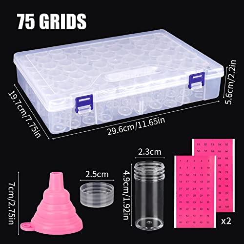 Diamond Painting Aufbewahrungsbox,75 Runde Kunststoff Dosen Diamant Stickerei Box,Perlen Nagel Kunst Aufbewahrung Behälter Diamant Malerei Zubehör DIY Basteln Schmuck Strass mit Stickers und Trichtern