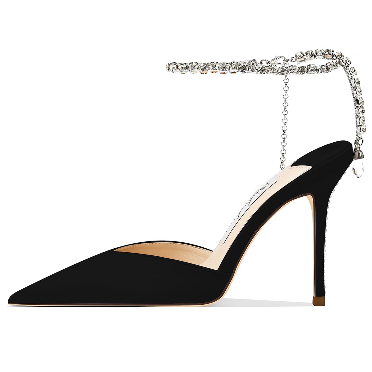 Women's Heeled Sandals Crystal Chain Ankle Straps Rhinestones Buckle High Heels Stiletto Slip On Wedding Party Satin Dress Shoes 3.9 IN