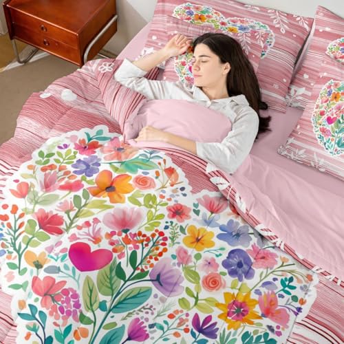 Image of Erosebridal Pink Valentine 7 Piece Bed in A Bag King Comforter Set Love Heart Flowers Bedding Set for Girls Romantic Floral Heart Shaped Sheet Set with Comforter Geometric Stripes Cottagecore Quilt