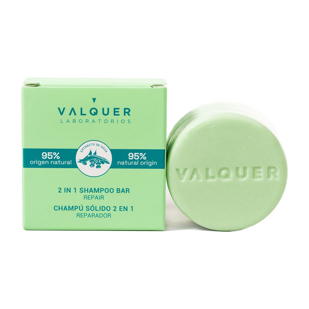 VALQUER Solid 2 in 1 Repair Shampoo & Conditioner. Cleanses, Hydrates and Softens Damaged or Brittle Hair with Soy Extract, Suitable for All Hair Types, Natural Ingredients, Vegan 70 g