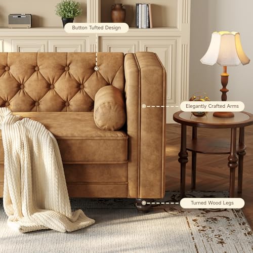 Image of ONBRILL 79'' Faux Leather Couch for Living Room, Comfy Chesterfield Button-Tufted Sofa with 2 Bolster Pillows and Wood Legs, Mid-Century Modern Deep Seat Couch for Apartment, Office, Caramel