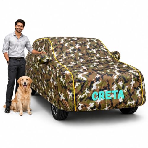 Image of Waterproof Car Cover for Creta | Soft Cotton Lining Heavy Duty Triple Stitched Heat Resistant Outdoor Cover Comes with Mirror and Antenna Pocket Full Bottom Elastic (Zig Zag Jungle)