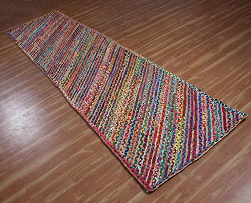 Casavani Eco-Friendly Hand Braided Rug Geometric Multipurpose Multicolor 2.6'X8'Ft' Runner Shape Chindi Cotton & Jute Rug Best Uses For Indoor Hall Room Gateway Runner Rug & Balcony 10X14 Feet #TOP3