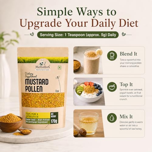 Image of Organic Bee Pollen Granules 170g (with Spoon) | Protein Rich Superfood for Energy & Immunity Support | Pure Bee Pollen - Mustard Blossoms