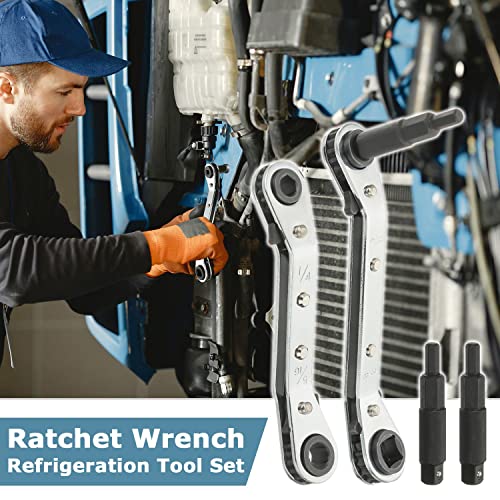 Apvti 3/16" To 3/8" 5/16'' X 1/4'' Air Conditioner Valve Ratchet Wrench With 2 Hexagon Bit Adapter Kit, Hvac Service Wrench, For Refrigeration Equipment Tools, Equipment Repair #TOP6