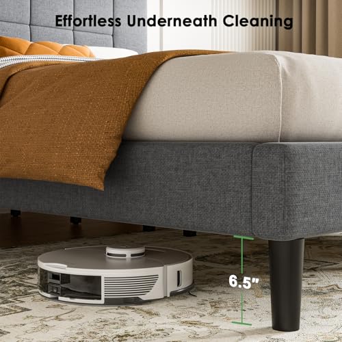 Marsail Full Size Bed Frame with Headboard, Sturdy and Durable with 12 Support Legs, 1300 lbs Capacity, Solid Wooden Upholstered Adjustable Headboard for 6\"-12\" Mattresses, Easy Assembly,Dark Gray