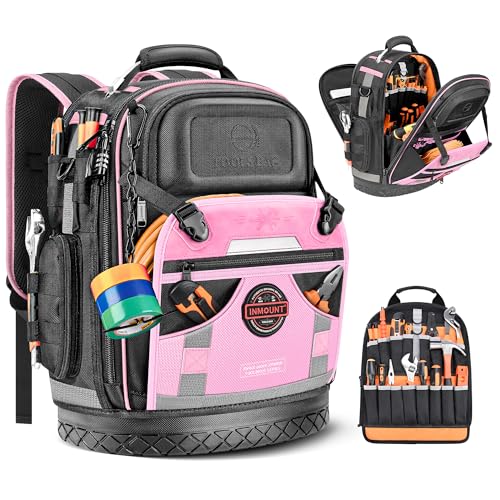 Tool Backpack Bag, Electrician Tool Bag 78-Pockets & Loops Tools Bag HVAC Tool Bags for Men, Heavy Duty Storage Construction tools Backpack (style1-Pink)
