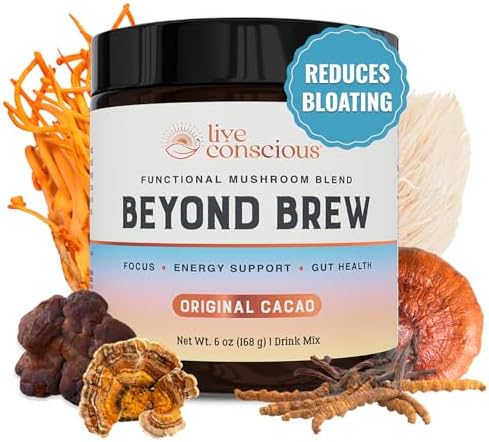 Live Conscious Beyond Brew - Coffee Alternative - Low Caffeine - Mushroom Complex w/Lion’s Mane, Reishi, Cordyceps & Chaga for Sustained Focus, Energy & Immunity - w/Prebiotics & Probiotics - 30