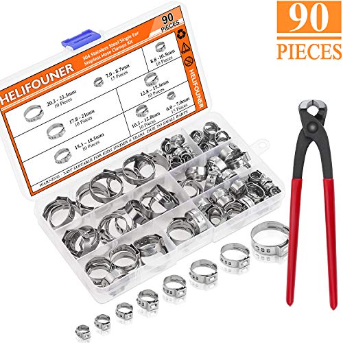 HELIFOUNER 90 Pieces 1/4"-15/16" 304 Stainless Steel Single Ear Stepless Hose Clamps