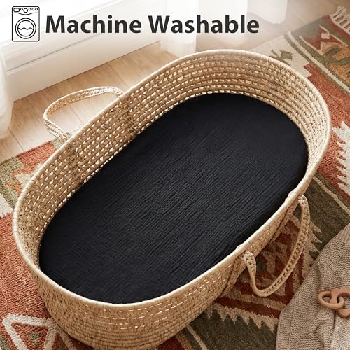 Image of Pro Goleem Muslin Bassinet Sheet for Boys and Girls, Soft Breathable Fitted Cotton Baby Sheets Set for Oval Hourglass and Rectangular Bassinet Mattress, Neutral,1 Pack (Black)