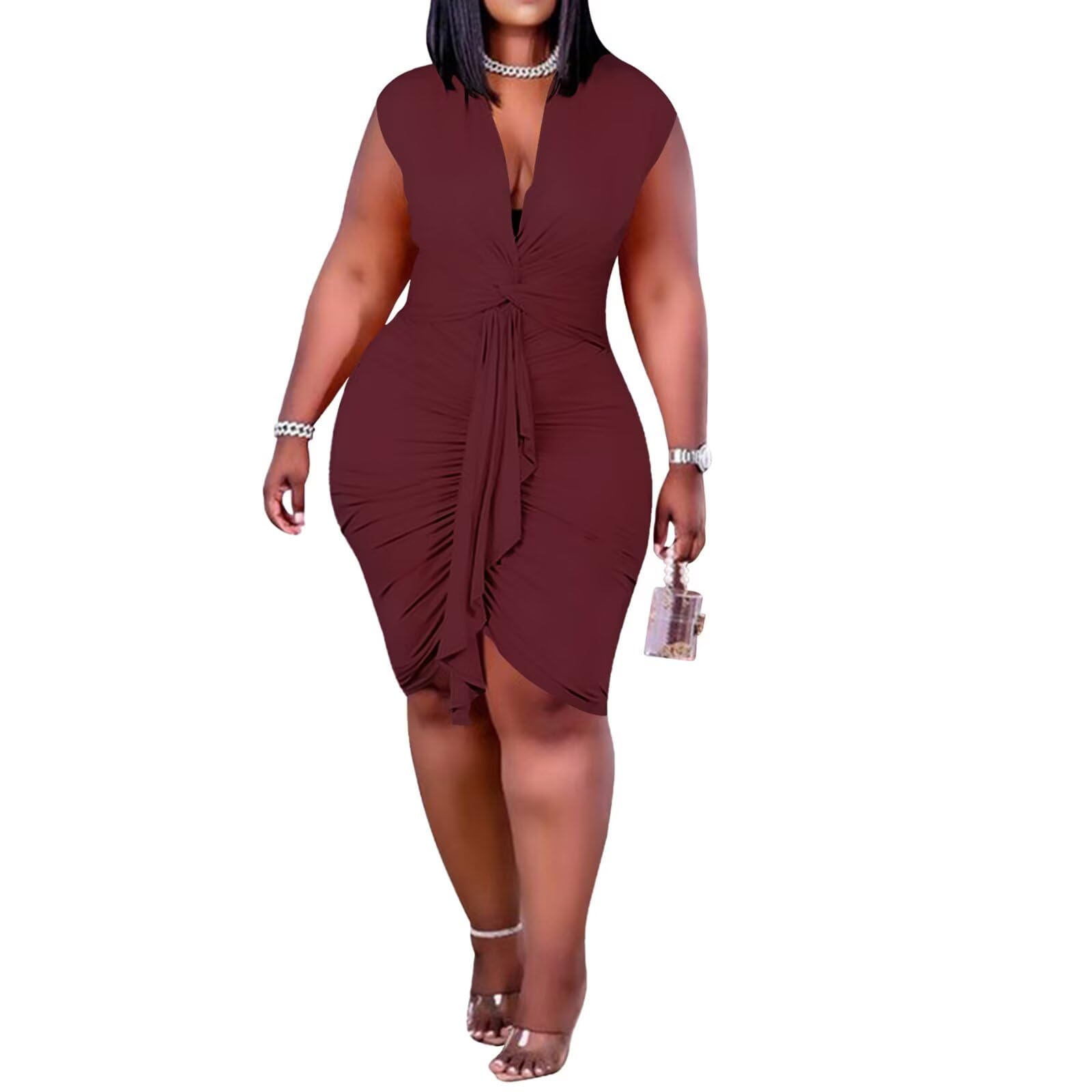 IyMoo Women's Sexy Plus Size Bodycon Drawstring Ruched Mini Club Dress
