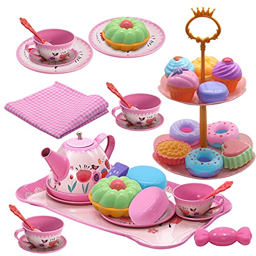 Toys Tea Set 35 Pcs Tea Party Set For Little Girls, Princess Tea Time Accessories With Carrying Case Tablecloth Dessert Tray Candy Cookies Kitchen Pretend Play Toy For Toddlers Kids Girls Boys Age 3-6 #TOP7