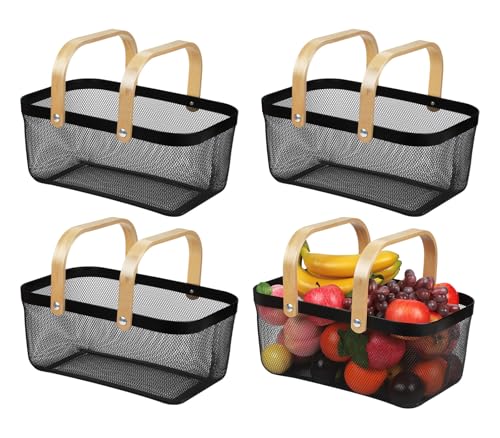 IBWell Square Metal Wire Woven Fruit Storage Bowl Basket with Wooden Handle, Large Black Mesh Fruit Stand, Multi-function Hanging Kitchen Baskets (Black, Extended 4PCS)