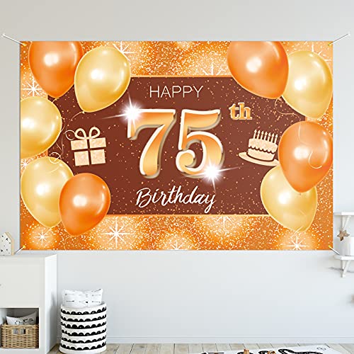 5665 Happy 75th Birthday Backdrop Banner Decor Orange – Glitter Dots 75 Years Old Birthday party Theme Decorations for Women Men Supplies