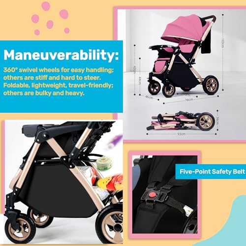 Image of Safe-O-Kid Breez Baby Rubber Wheel Stroller /Pram with 1 Year Warranty (Model - 2024) for New Born /Toddler /Kid for 0 to 3 Years Travel Friendly, 5 Point Safety Harness - Pink