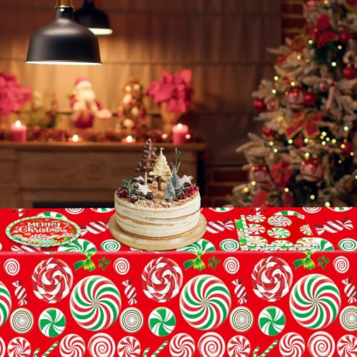 Image of 41 Pcs Peppermint Party Tableware Set Include Christmas Candy Cane Paper Plates Napkins and Plastic Tablecloth Red Green Christmas Candy Winter Party Decor for Holiday Xmas