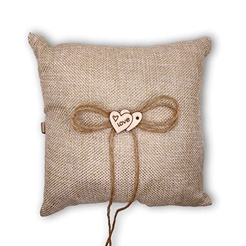 Sls Supply Flora - Burlap Ring Bearer Pillow, Classic Wedding Ring Holder, Elegant Rustic Ring Pillow With Twine Ribbon And Wooden Heart Applique, 8.5 X 8.5 Inches #TOP15