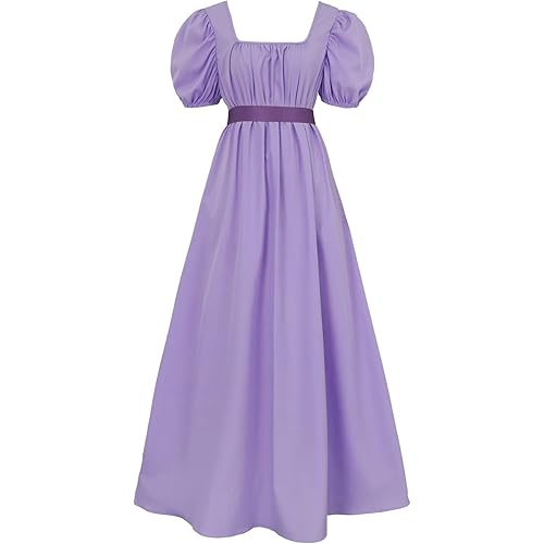 Regency Dresses for Women with Satin Sash Ruffled Puff Sleeve Empire Waist Dress Gown