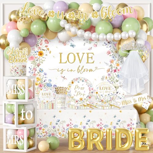 Love is in Bloom Bridal Shower Decorations - 233Pcs Miss to Mrs Tableware and Balloon Arch Garland Set Floral Themed Wedding Shower Decorations