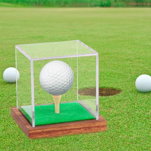 Image of Hooqict Golf Ball Display Case Clear Acrylic Golf Ball Case Display with Wood Base & Tee Ball Holder Stand UV Protected Square Cube Box Single Ball Storage Golfball Collections