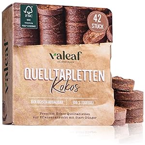 valeaf Kokos Quelltabletten 42 STK mit Nährstoffen I torffreie Kokoserde Anzuchterde mit Startdünger I Kokosquelltabs I Pflanzen für Anzucht I ideal für Stecklinge I Anzucht Erde ohne Pikieren