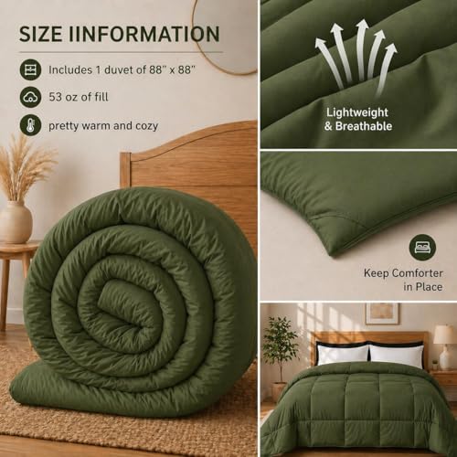Image of Luxury Hotel Collection Cotton Comforter | All-Season Lightweight Quilt for Hot Sleepers | Plush, Breathable & Box-Stitched (Queen) Olive