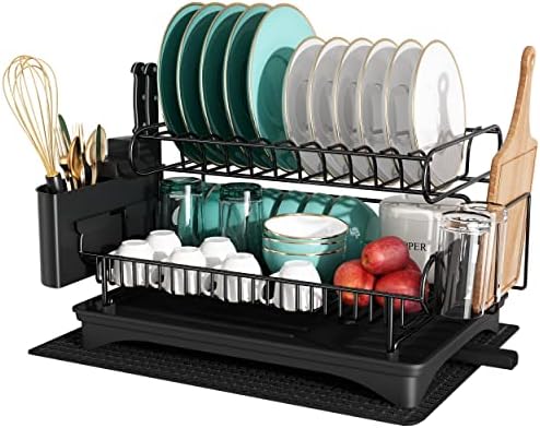 Dish Drying Rack and Drainboard Set, 304 Stainless Steel Large 2 Tier Dishes Rack, Dish Drainers with Auto-draining Tray, Utensil Holder, Cutting Board Holder and Drying Mat for Kitchen Counter, Black
