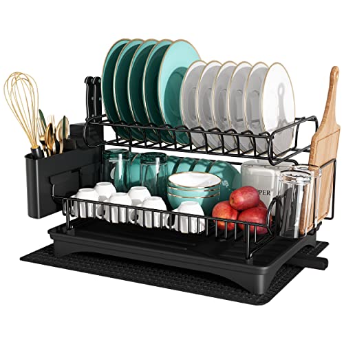 Dish Drying Rack And Drainboard Set, 304 Stainless Steel Large 2 Tier Dishes Rack, Dish Drainers With Auto-Draining Tray, Utensil Holder, Cutting Board Holder And Drying Mat For Kitchen Counter, Black #TOP1