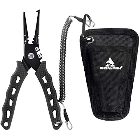 ANGRYFISH Fishing Pliers,Saltwater Resistant Hook Remover,Split Ring Pliers,Fisherman Pliers with Sheath and Lanyard,Stainless Steel Fishing Tools,Corrosion Resistant Teflon Coating(Black-B) Cover