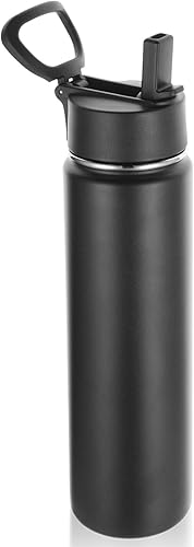 Volhoply Botella de agua aislada de 24 onzas con tapa con pajilla, botellas deportivas de acero inoxidable de boca ancha con asa, termo de doble