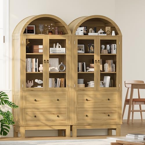 Image of 71 inch Tall Arched Bookshelf, 6-Tier Bookcase with Glass Doors & Adjustable Shelves, Wood Display Book Shelf with Drawers for Living Room, Dining Room, Natrual