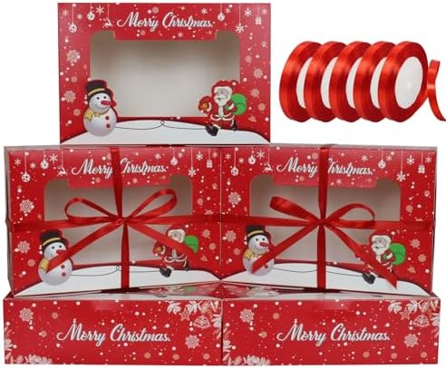 50PCS Christmas Cookie Boxes 9.44x6.1x2.95 Inches Bakery Boxes with Window Pastry Boxes for Gift Giving, Cupcake Boxes,Candy Box,Cake Boxes,Treat Boxes,Small Gift Box for Christmas Happy(Red)