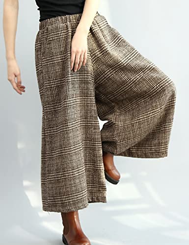 Flygo Womens Spring Fall Fashion Retro Loose Plaid Wool Blend Wide Leg Cropped Pants Culottes3