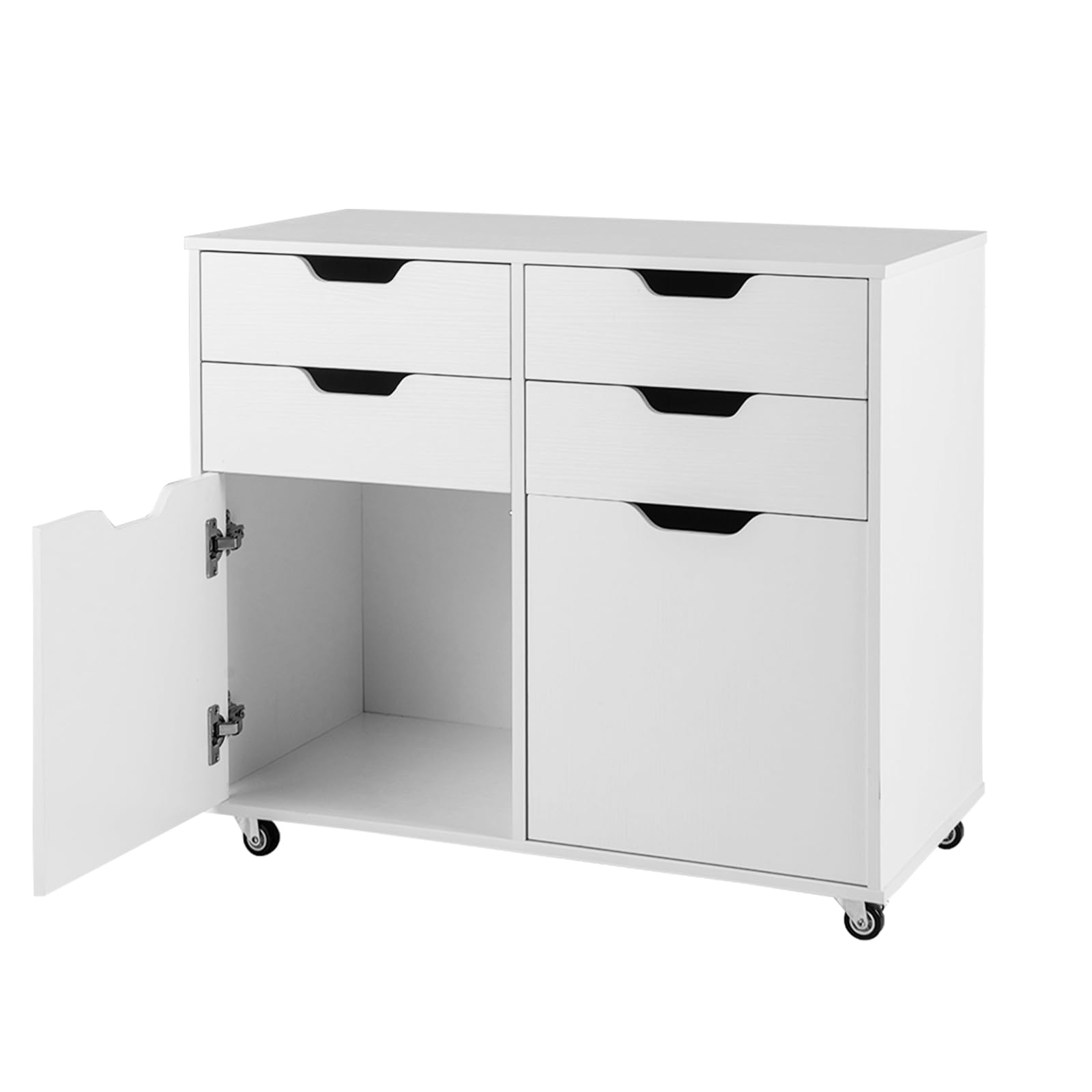 GIANTEX Caisson Bureau Mobile à 4 Tiroirs avec 2 Portes, Caisson Tiroir avec 5 Roulettes Universelles, Poignées Découpées, Meuble Tiroir Rangement Moderne pour Chambre, 73 x 40 x 64,5 cm, Blanc