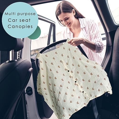 Image of Organic Cotton Muslin Baby Car Seat Cover, Multi Use for Nursing Cover,Breathable Carseat Canopy for Boys Girls (Rainbow)