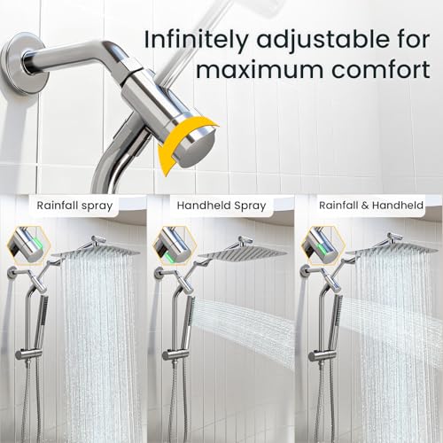 Image of Veken 10 inch Luxurious Rain Shower Head with Handheld, High Pressure Rainfall Shower Heads wih Extension Arm, Wide Dual Showerhead with Spray Combo, Bathroom Accessories, Chrome, Silver