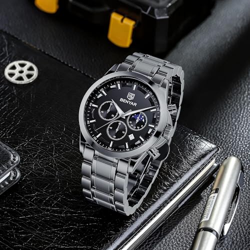Image of BY BENYAR Men's Watches Waterproof Sport Military Watch for Men Multifunction Chronograph Black Fashion Quartz Wristwatches Calendar with Leather Strap