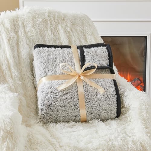 Image of EMME Soft Sherpa Fleece Blanket Reversible Plush Fluffy Large Blanket, Light Weight Warm Decorative Boho Blanket Cover for Sofa, Couch, Bedroom,Travel(Black,50 inchx60 inch)