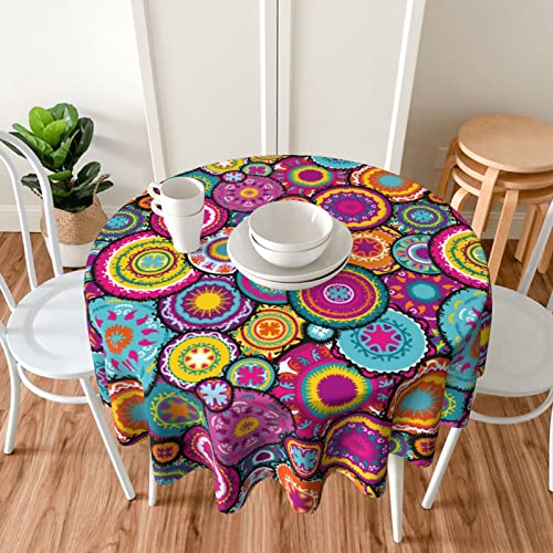 Yetta Yang Moroccan Colorful Circles Flower Waterproof Picnic Patio Party Round Table Cloth Cover Decorations Fabric 60 Inch Circular Tablecloth For 20-47 Inch Home Dining Room Kitchen Decor #TOP2