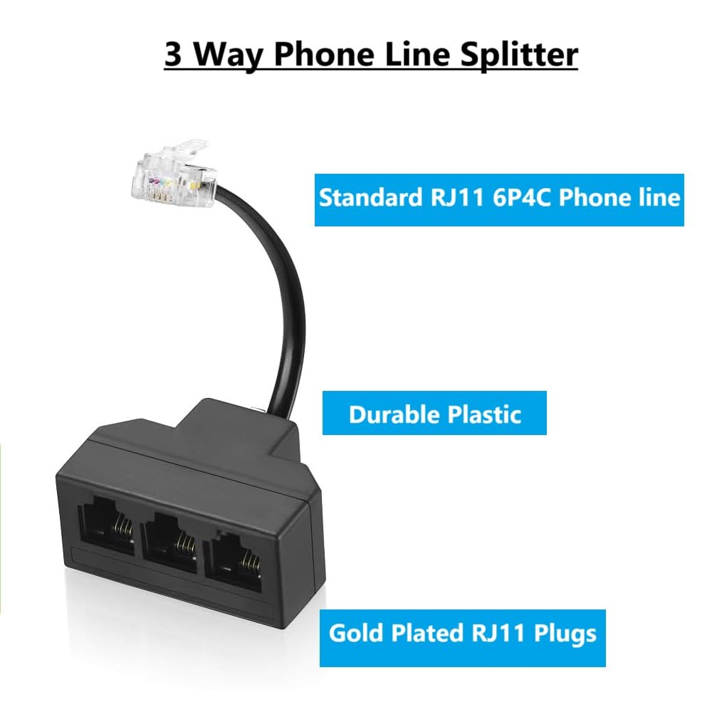 Cavo RJ11 a 3 vie, splitter telefonico a 3 vie, nero, splitter 6P4C, adattatore per linea telefonica con cavo per cavo telefonico fisso, adatto per telefono, fax