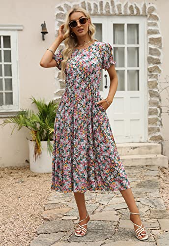 Image of NAVINS Womens Floral Print Modest Wedding Guest Midi Dress with Pockets | Puff sleeve tiered boho dress for summer, church, and vacations. Elastic waist, Below knee, hand or machine wash.