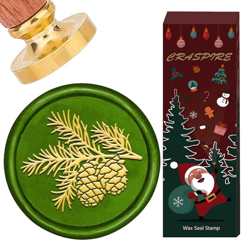 craspire Tampon de Cire à Cacheter en Forme de Pomme de Pin Tampon de Cire à Cacheter en Forme de Branches Tête de Tampon en Laiton Amovible Rétro de 25mm avec Manche en Bois pour Le Jour de Noël