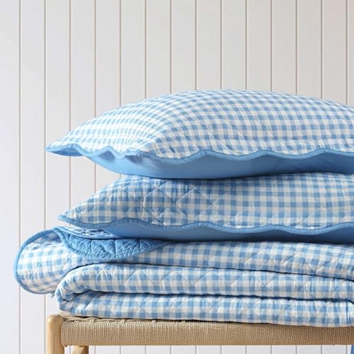 Image of Martha Stewart - Queen Quilt Set, 100% Soft & Breathable Bedding with a Lightweight Feel for Year Round Comfort, 3 Piece Bed Set with Matching Pillowcases (Olivia Gingham Blue)