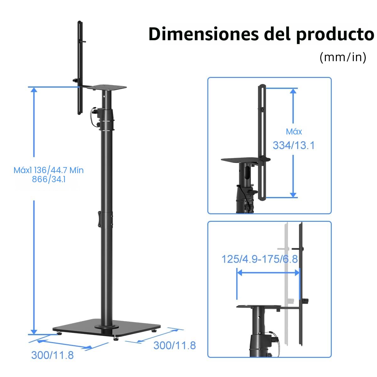 suptek Soportes de Suelo para Altavoces Envolventes: Par de Pies Regulables en Altura 86-113cm, Base de Vidrio Templado 30x30cm, Carga Máx. 10kg, Negro, SFM001
