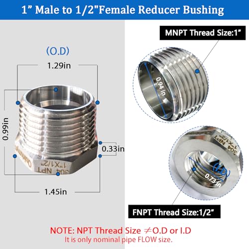 Image of 2 Pcs Stainless Steel Bushing 1 inch Male to 1 /2 inch Female, 1 inch to 1 /2 inch Reducer NPT Adapter Hex Reducing Pipe Adapter Fitting Stainless Steel Fitting Pipe Hose Tube Adapter Convert