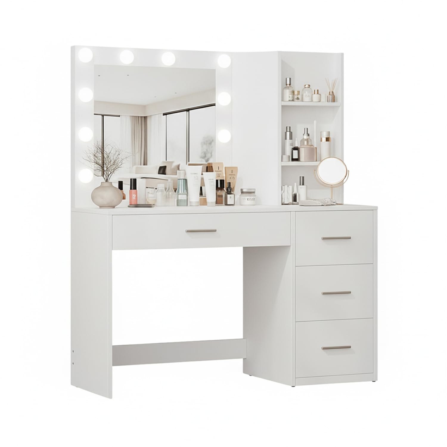 Avilia Postazione Trucco e Toletta con Specchio a LED, 12 Lampadine, 3 Tonalità di Luce, 4 Cassetti, 3 Ripiani, Scrivania Trucco in MDF, H140xL94xP40 cm, Multiuso Studio e Make-Up